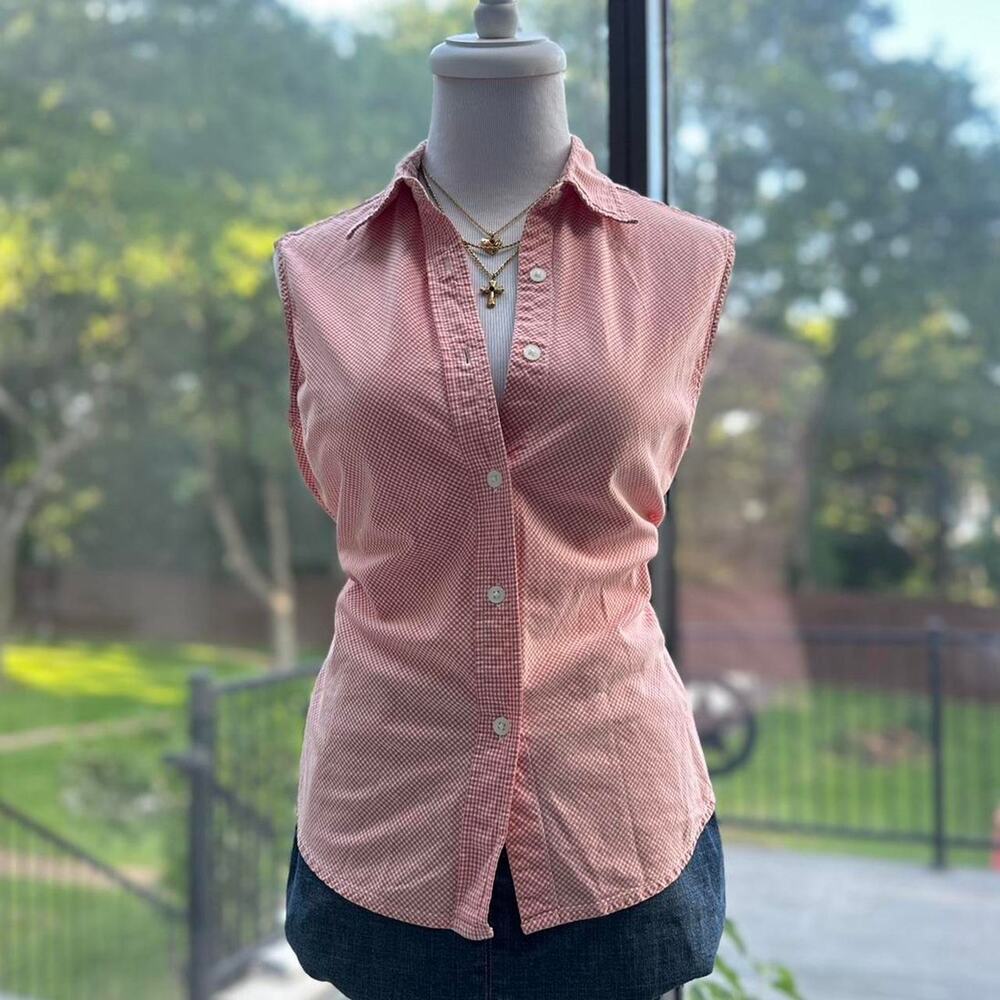 St. John’s Bay Orange Gingham Sleeveless Button Up Shirt PM